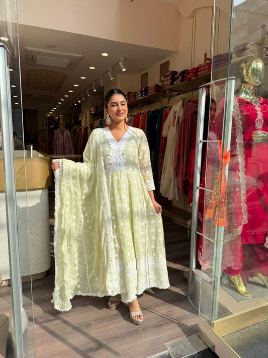 Pastel Green Chikankari Anarkali Kurta Set with Dupatta for Women – Summer Festive Wear