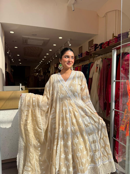 Beige Chikankari Anarkali Kurta Set with Dupatta for Women – Elegant Summer Festive Wear