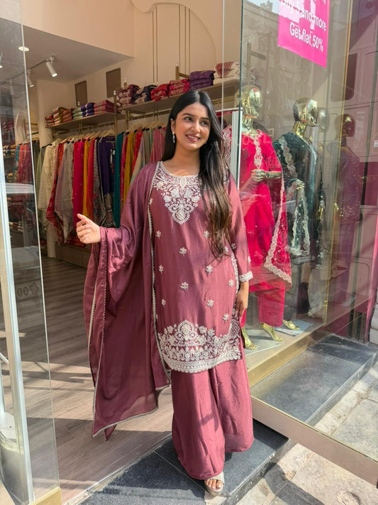Mauve Embroidered Kurta Set with Palazzo & Dupatta for Women – Elegant Festive Wear