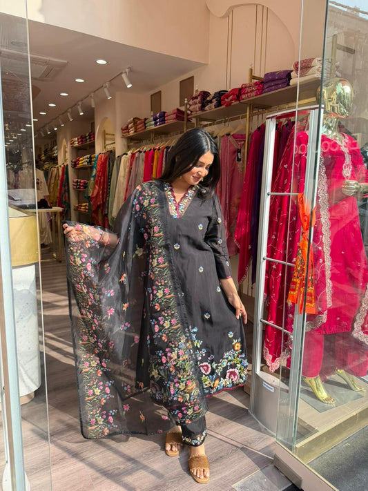 Black Floral Printed Kurta Set with Organza Dupatta for Women – Elegant Party Wear