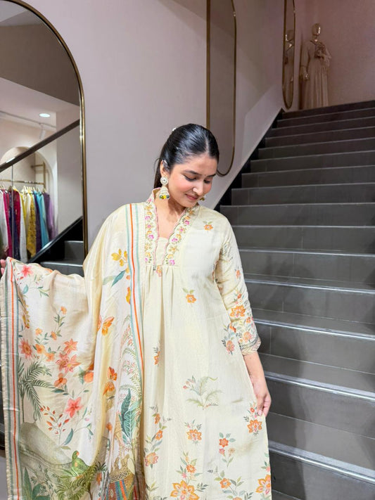 Beige Floral Printed Kurta Set with Designer Dupatta for Women – Elegant Ethnic Wear