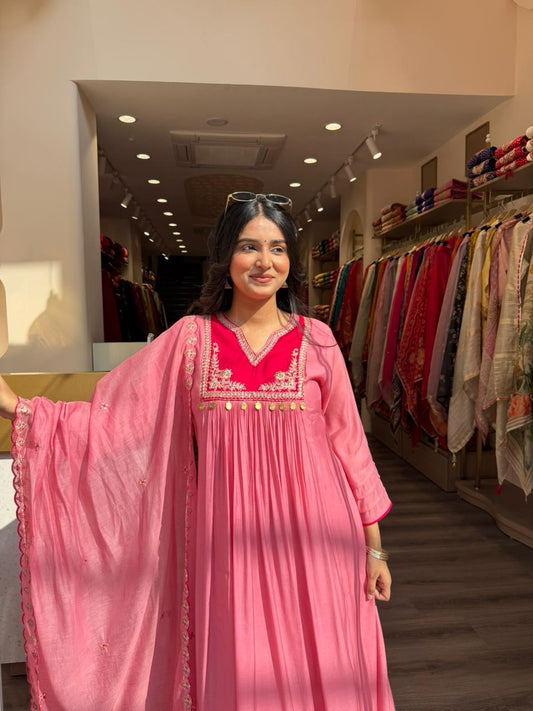 Pink Flowy Anarkali Kurta Set with Dupatta for Women – Festive & Party Wear