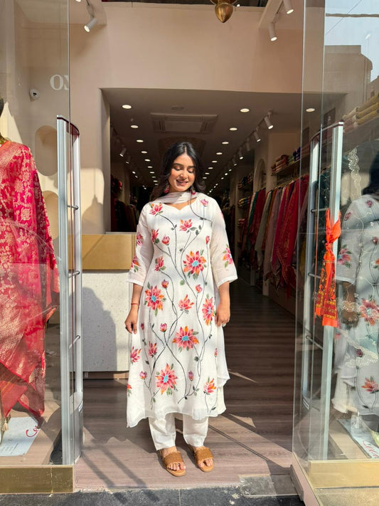 White Floral Printed Cotton Kurta Set with Dupatta for Women | Elegant Daily Wear Ethnic Suit