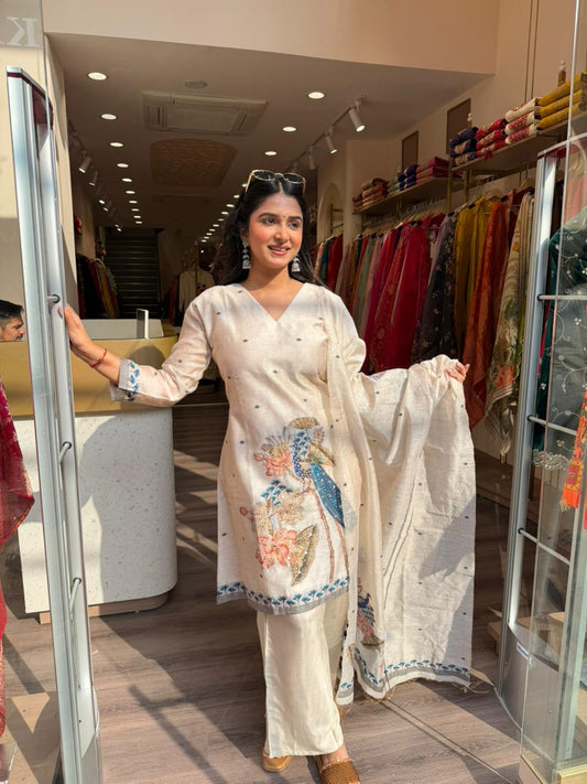 Beige Artistic Printed Cotton Kurta Set with Dupatta | Elegant Ethnic Wear for Women