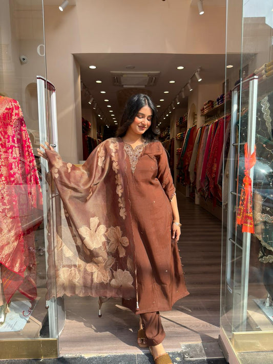 Elegant Brown Linen Blend Kurta Set with Floral Dupatta for Women