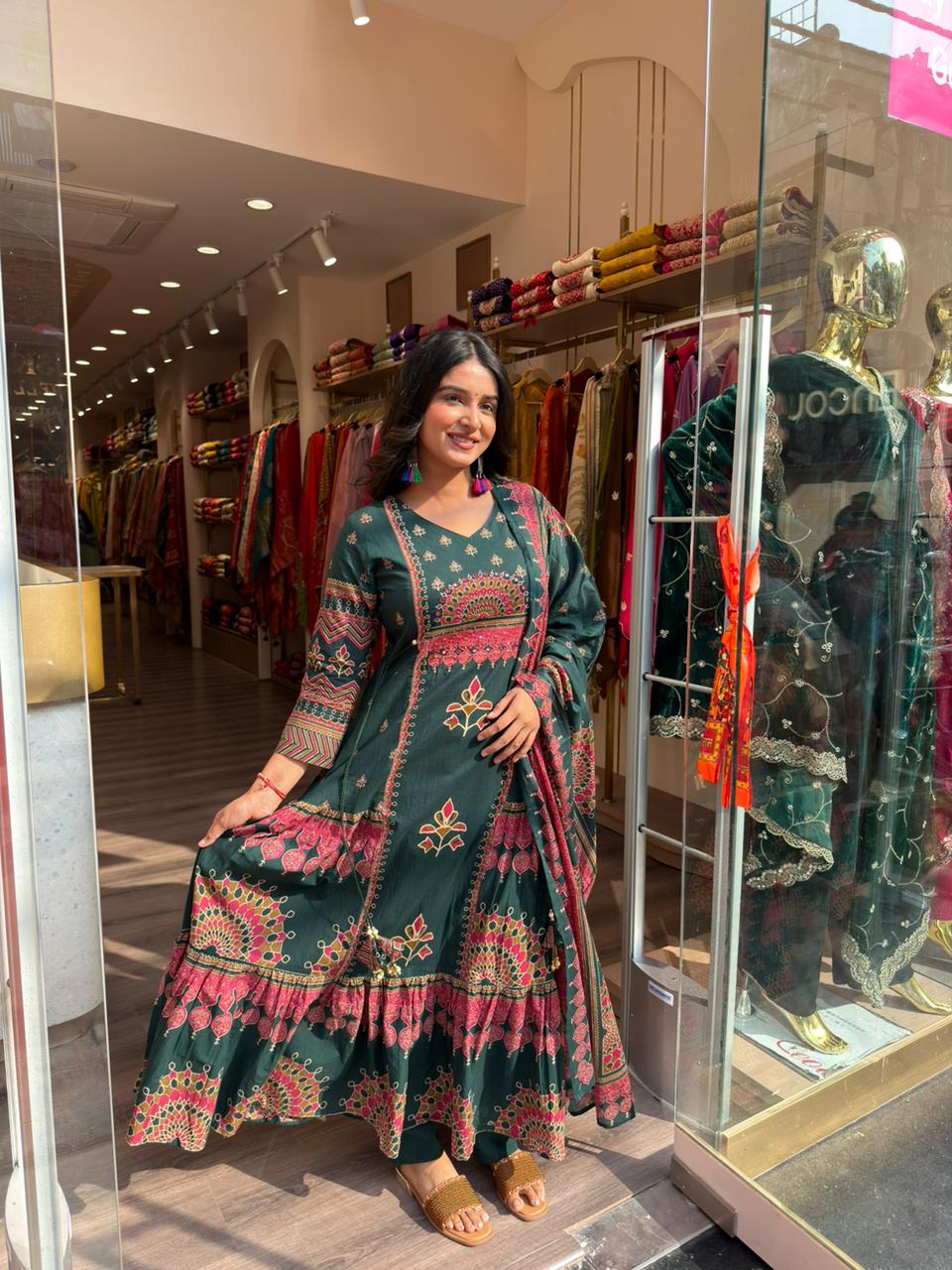 Dark Green Printed Anarkali Kurta Set with Dupatta | Festive Ethnic Wear for Women