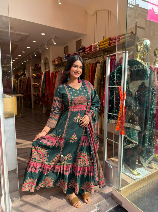 Dark Green Printed Anarkali Kurta Set with Dupatta | Festive Ethnic Wear for Women