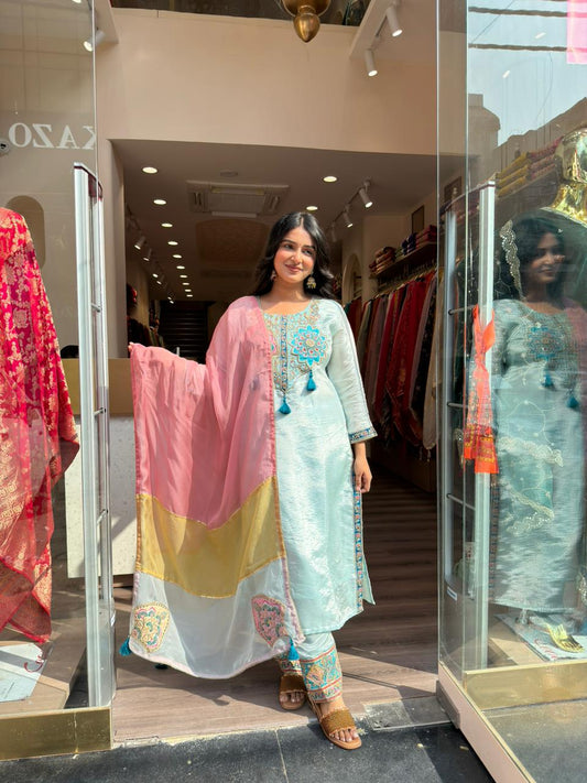 Pastel Blue Silk Blend Kurta Set with Embroidery & Pink Dupatta for Women