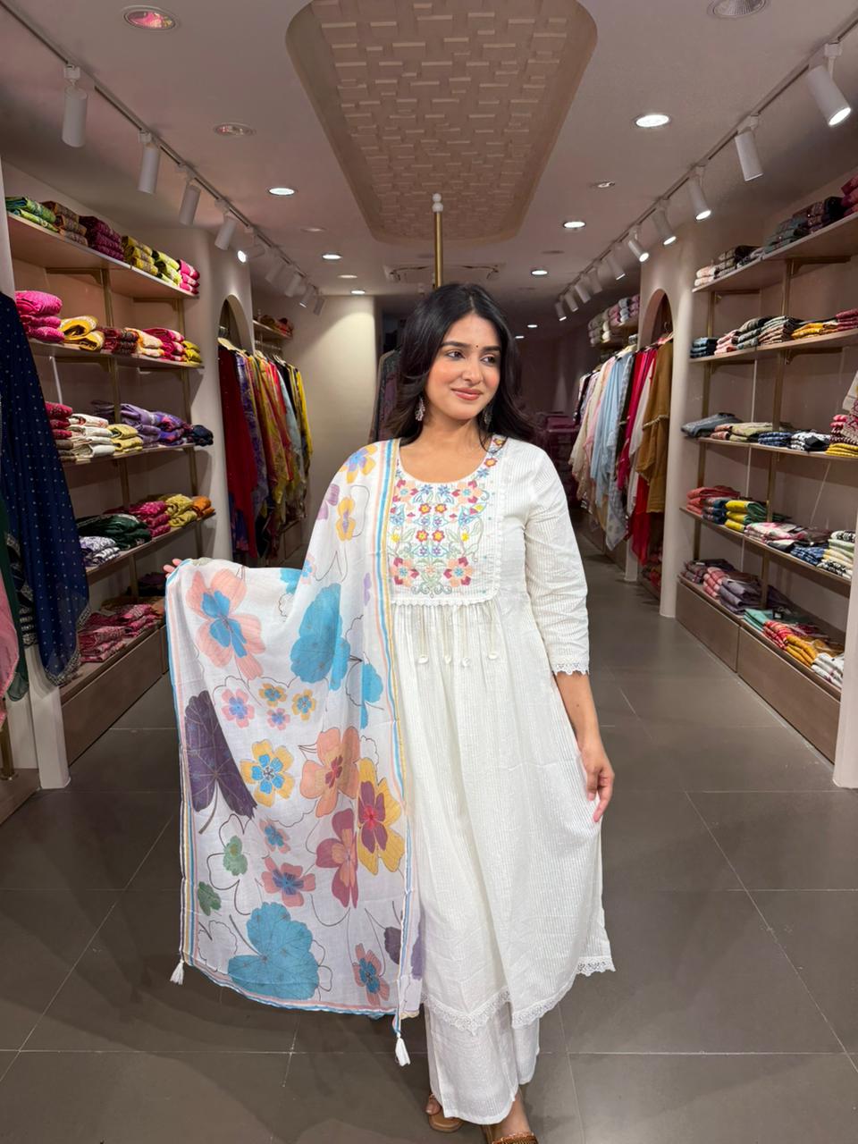 White Cotton Anarkali Kurta Set with Floral Printed Dupatta for Women