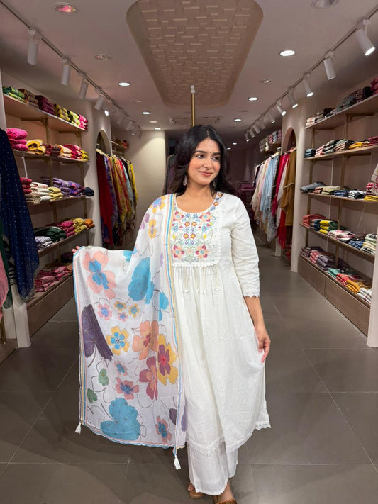 White Cotton Anarkali Kurta Set with Floral Printed Dupatta for Women