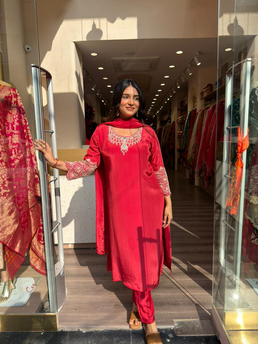 Elegant Red Embroidered Silk Blend Kurta Set with Dupatta for Women (Festive Wear)