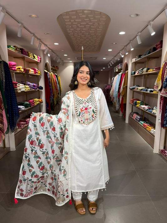 White Floral Embroidered Cotton Kurta Set with Printed Dupatta for Women