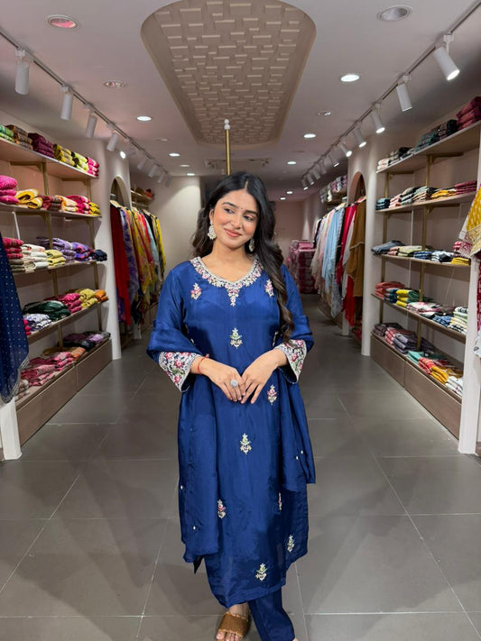 Royal Blue Embroidered Silk Blend Kurta Set for Women
