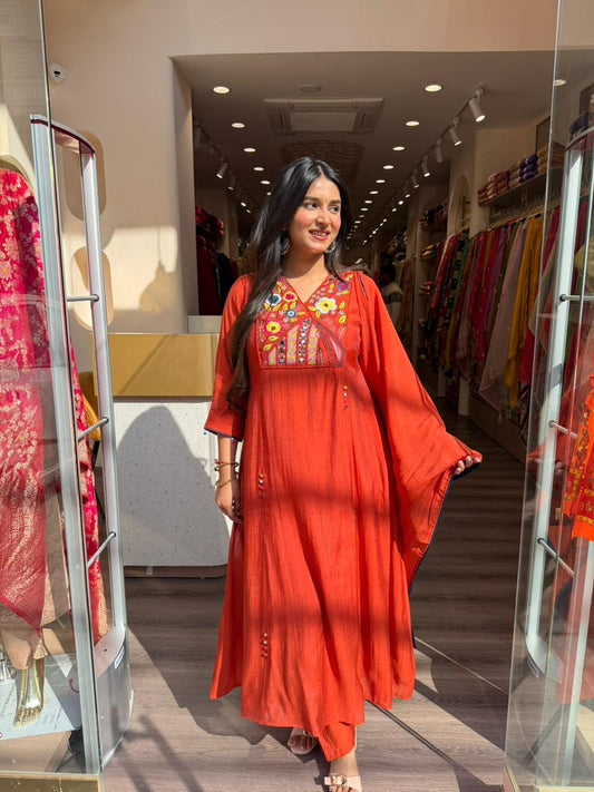 Rust Orange Embroidered Kaftan Style Kurta Set for Women