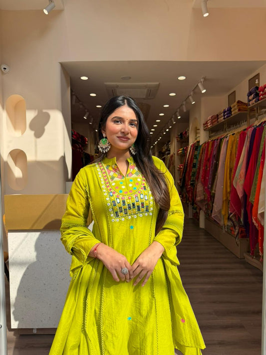 Lime Green Embroidered A-Line Kurta Set with Dupatta for Women | Festive & Casual Wear