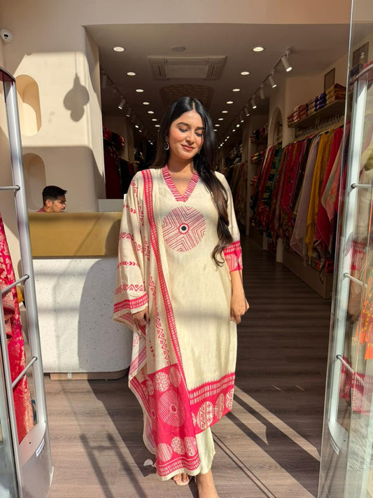 Beige & Red Printed Straight Kurta Set with Dupatta for Women | Ethnic Daily Wear