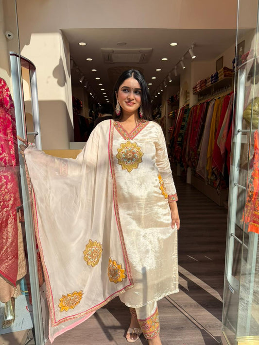 Off White Embroidered Silk Kurta Set with Dupatta for Women | Festive & Wedding Wear