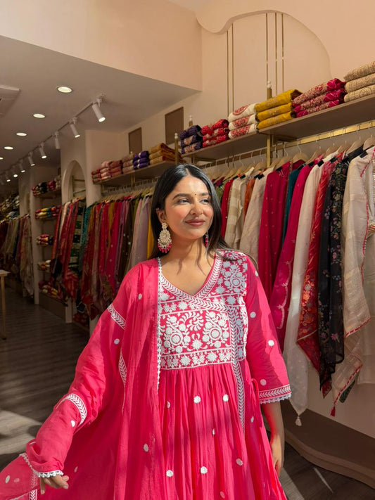 Rani Pink Anarkali Kurta Set with Dupatta for Women | Embroidered Festive Wear