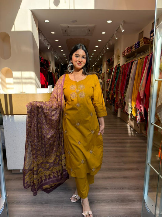 Mustard Yellow Straight Kurta Pant Set with Ethnic Printed Dupatta for Women