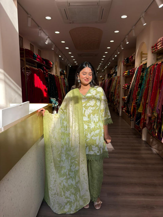 Pastel Green Floral Printed Kurta Pant Set with Dupatta for Women