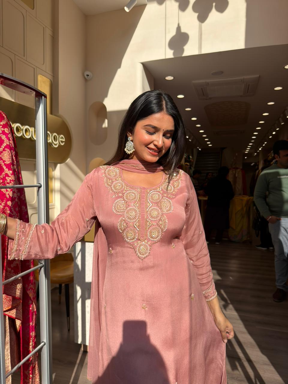 Peach Embroidered Kurta Pant Set with Dupatta for Women | Festive Ethnic Wear