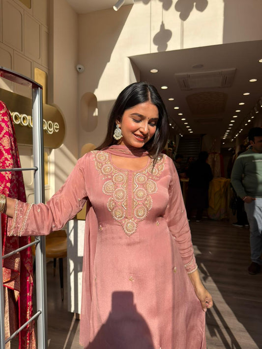 Peach Embroidered Kurta Pant Set with Dupatta for Women | Festive Ethnic Wear