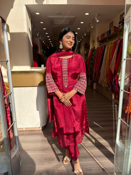 Wine Red Silk Embroidered Kurta Set with Dupatta for Women