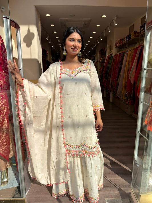 Off White Embroidered Kurta Sharara Set with Dupatta for Women