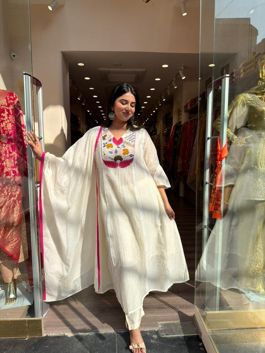 Off White A-Line Embroidered Kurta Set with Dupatta for Women