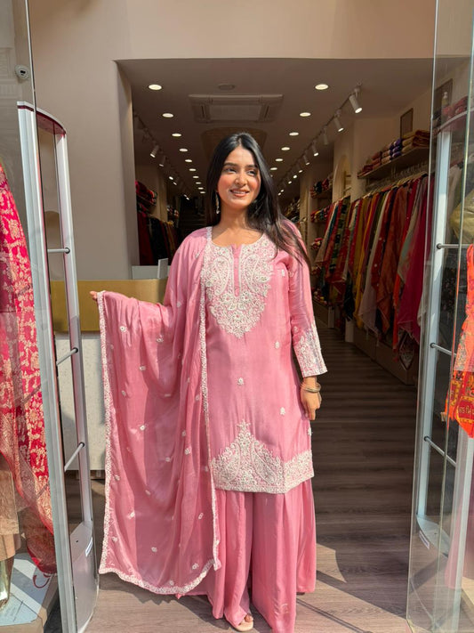 Pink Heavy Embroidered Kurta Sharara Set with Dupatta for Women