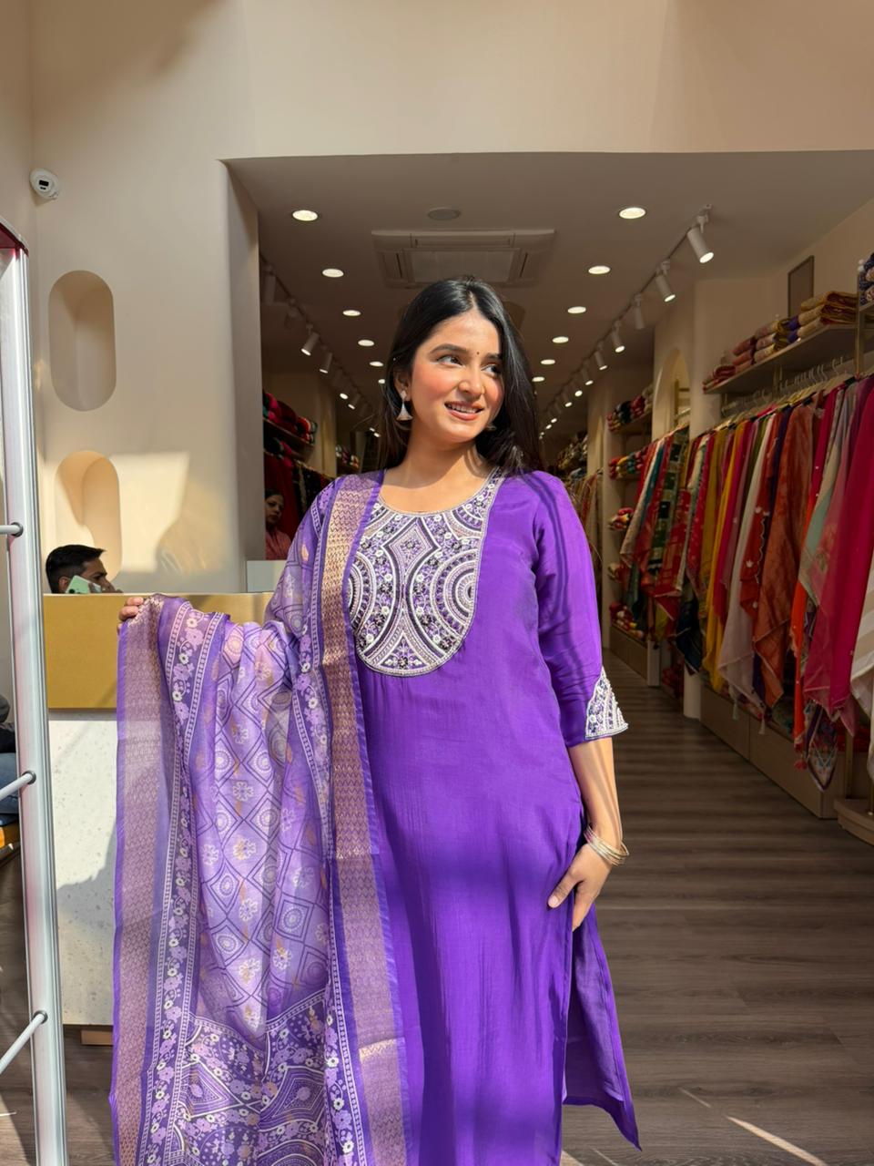 Purple Printed Kurta Set with Dupatta for Women | Ethnic Straight Suit Set
