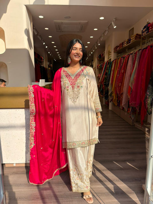 Off White Embroidered Kurta Set with Pink Dupatta for Women | Festive Ethnic Suit