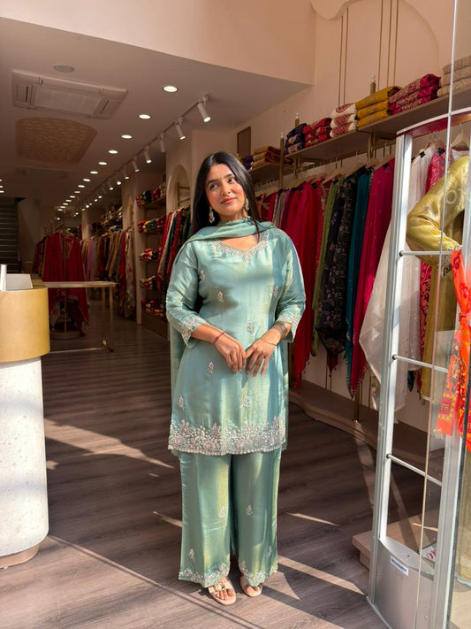 Mint Green Embroidered Straight Kurta Set with Dupatta for Women