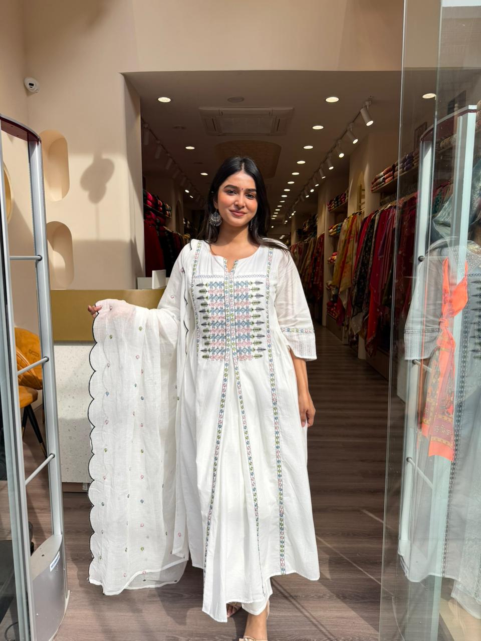 Off-White Embroidered Cotton Anarkali Kurta Set with Dupatta for Women