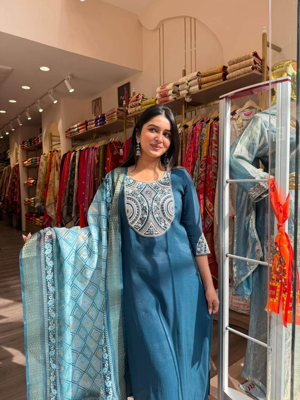 Teal Blue Printed Kurta Set with Dupatta for Women | Ethnic Straight Fit Suit Set