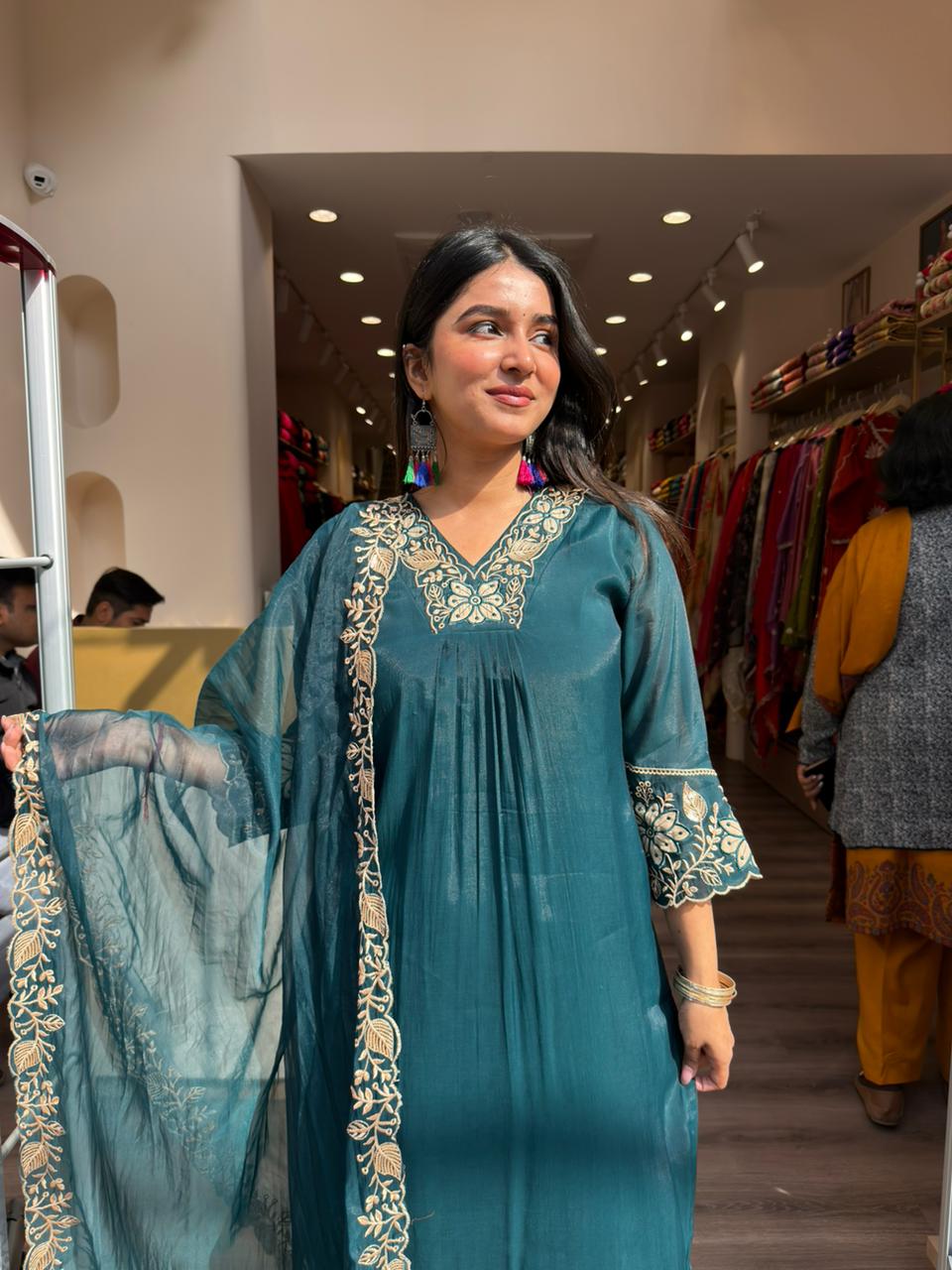 Teal Green Embroidered Kurta Set with Dupatta for Women | Festive Ethnic Suit Set