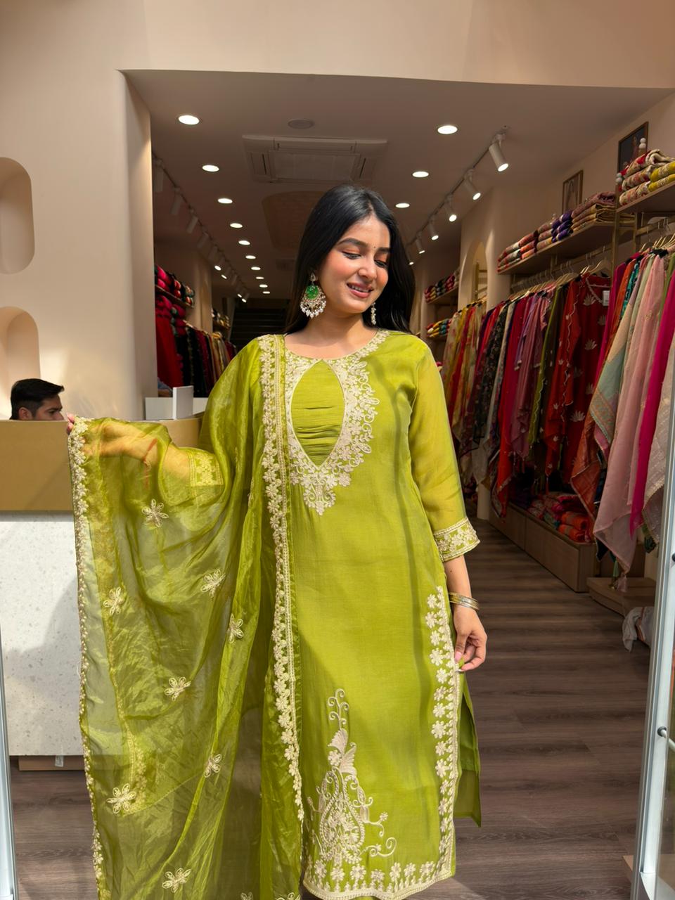 Lime Green Embroidered Kurta Set with Dupatta for Women | Festive Ethnic Suit Set