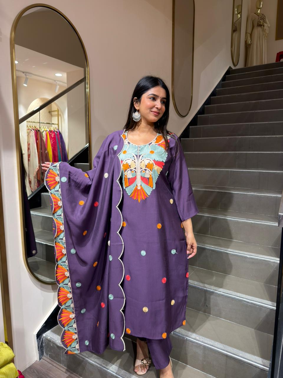 Purple Embroidered Kurta Set with Printed Dupatta for Women