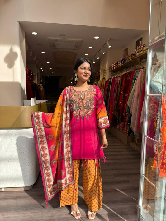Pink Ombre Embroidered Kurta Set with Printed Palazzo & Dupatta