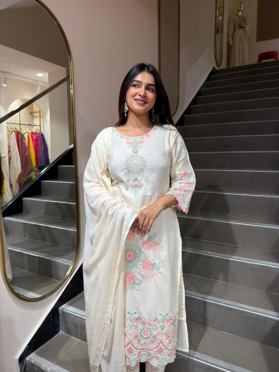 Off White Embroidered Kurta Set with Dupatta for Women