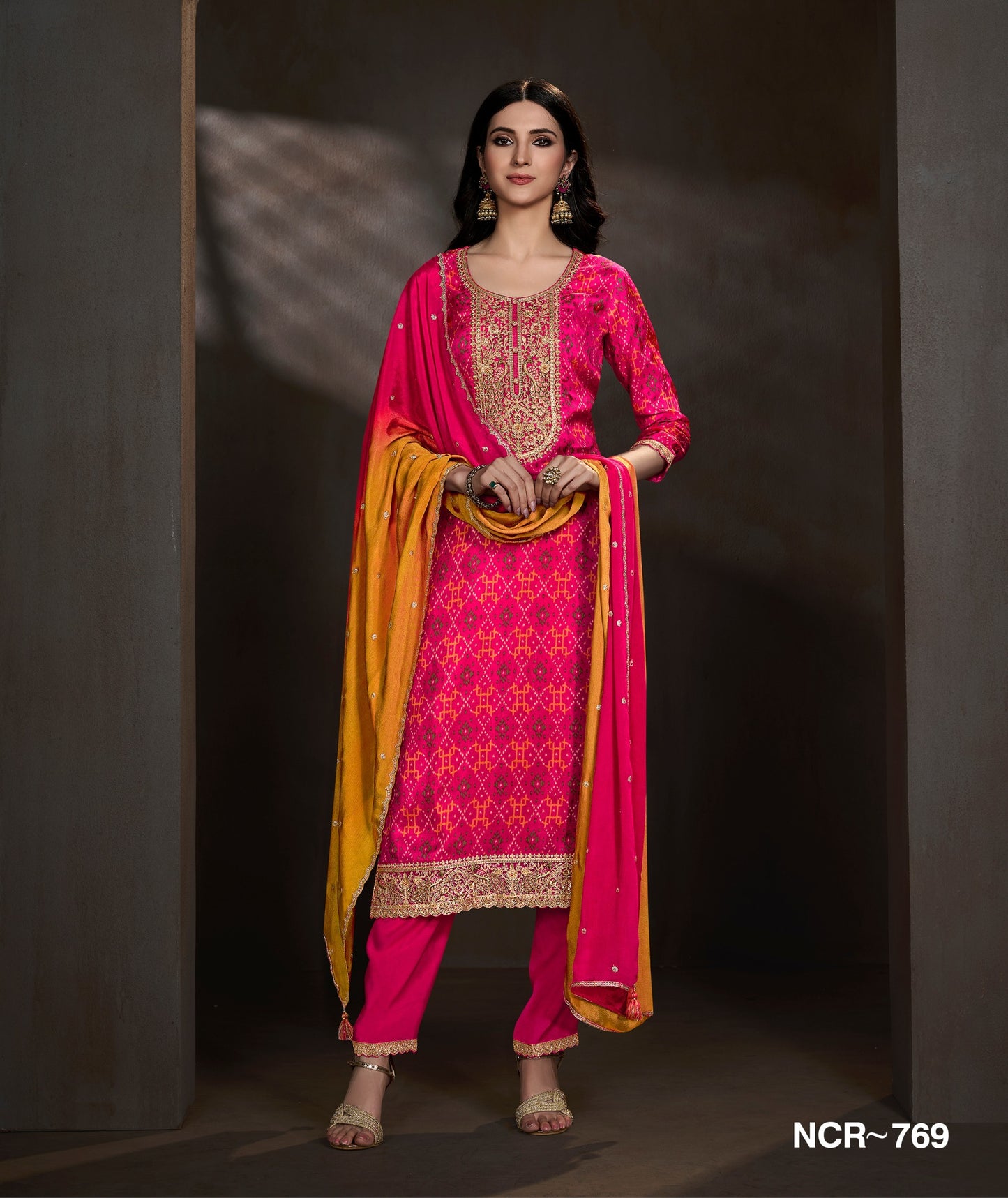 Rani Pink Embroidered Straight Suit Set with Ombre Dupatta | Festive & Wedding Wear