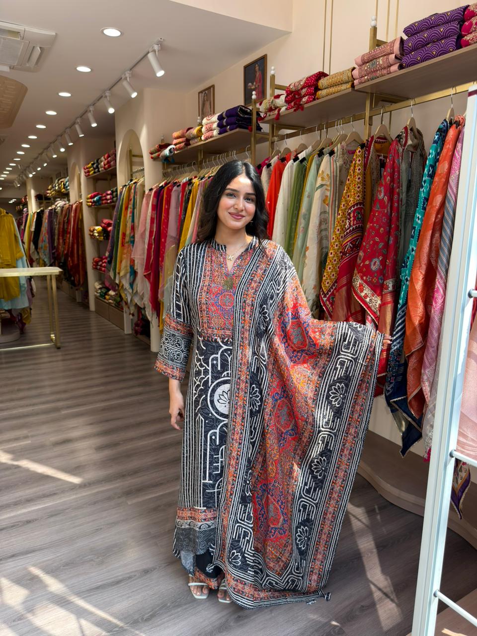 Black Ethnic Printed Straight Kurta Set with Dupatta – Elegant Daily Wear for Women
