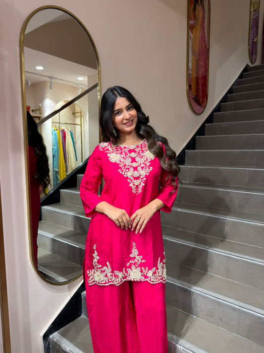 Rani Pink Embroidered Kurta Palazzo Set – Elegant Festive Ethnic Wear for Women