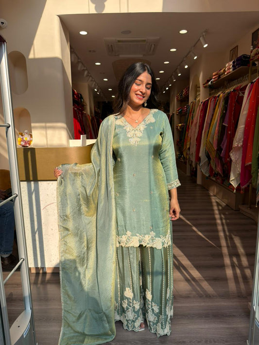 Sage Green Embroidered Kurta Sharara Set with Dupatta – Elegant Festive Wear for Women
