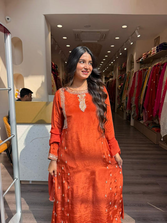 Rust Orange Embroidered Straight Kurta Set with Dupatta for Women | Festive & Wedding Wear