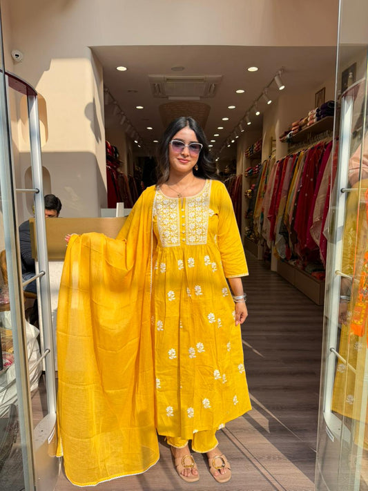 Mustard Yellow Printed A-Line Kurta Set with Dupatta for Women | Festive & Casual Wear
