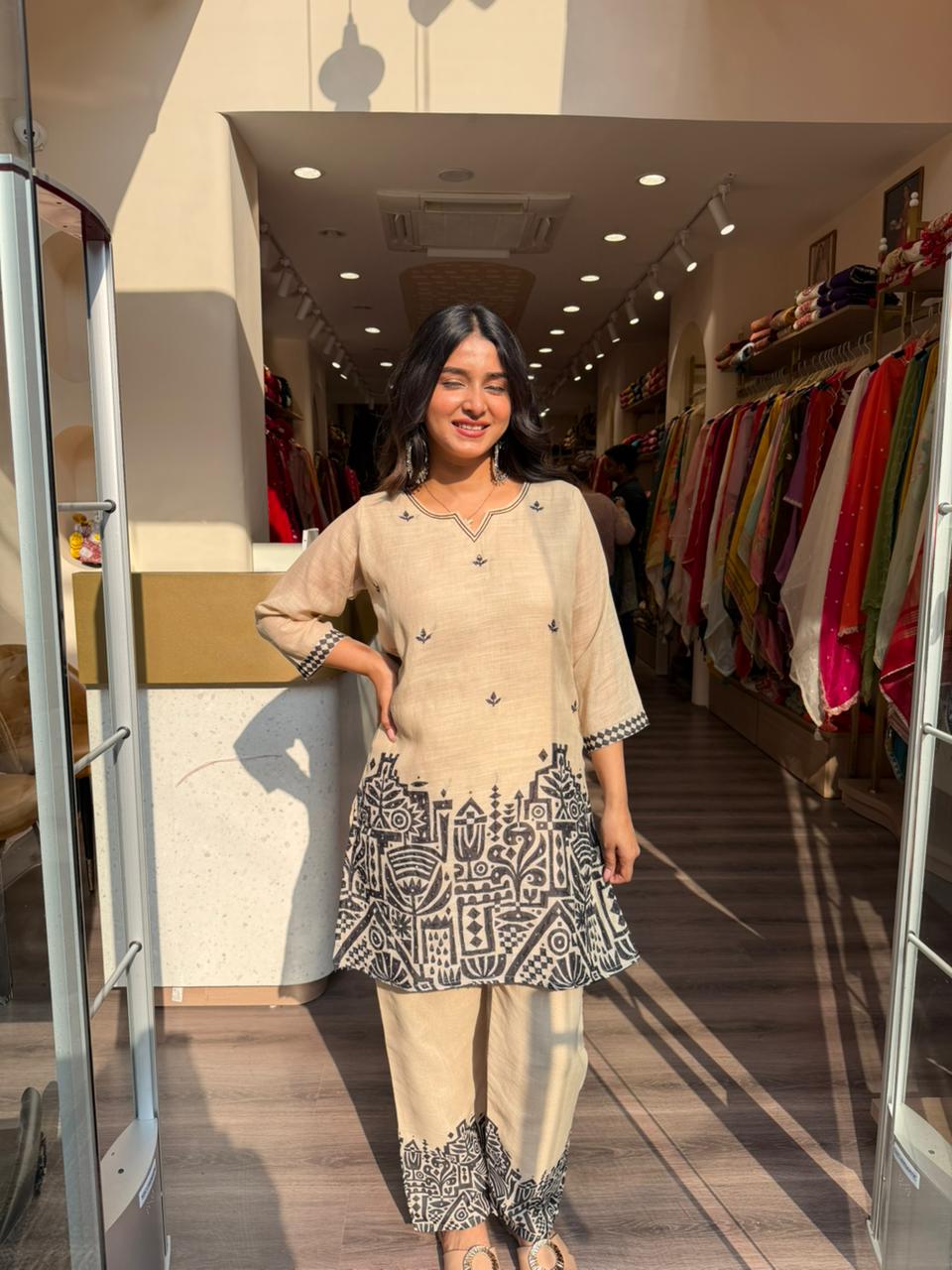Beige & Black Printed Cotton Kurta Set for Women | Casual & Office Wear