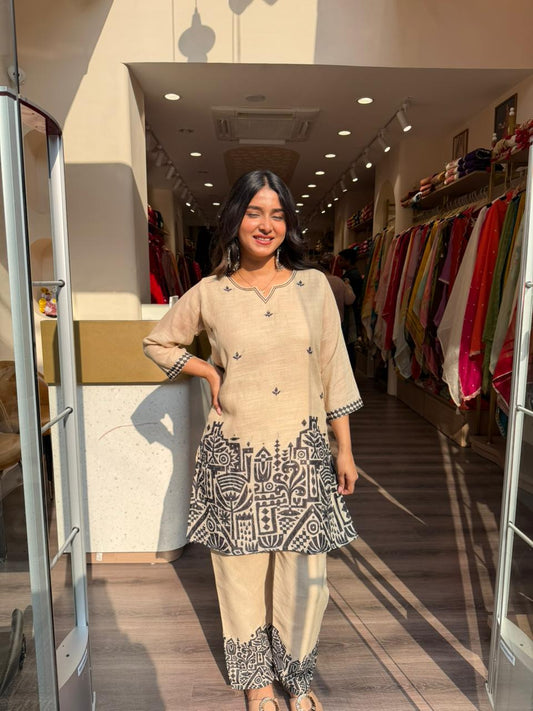 Beige & Black Printed Cotton Kurta Set for Women | Casual & Office Wear