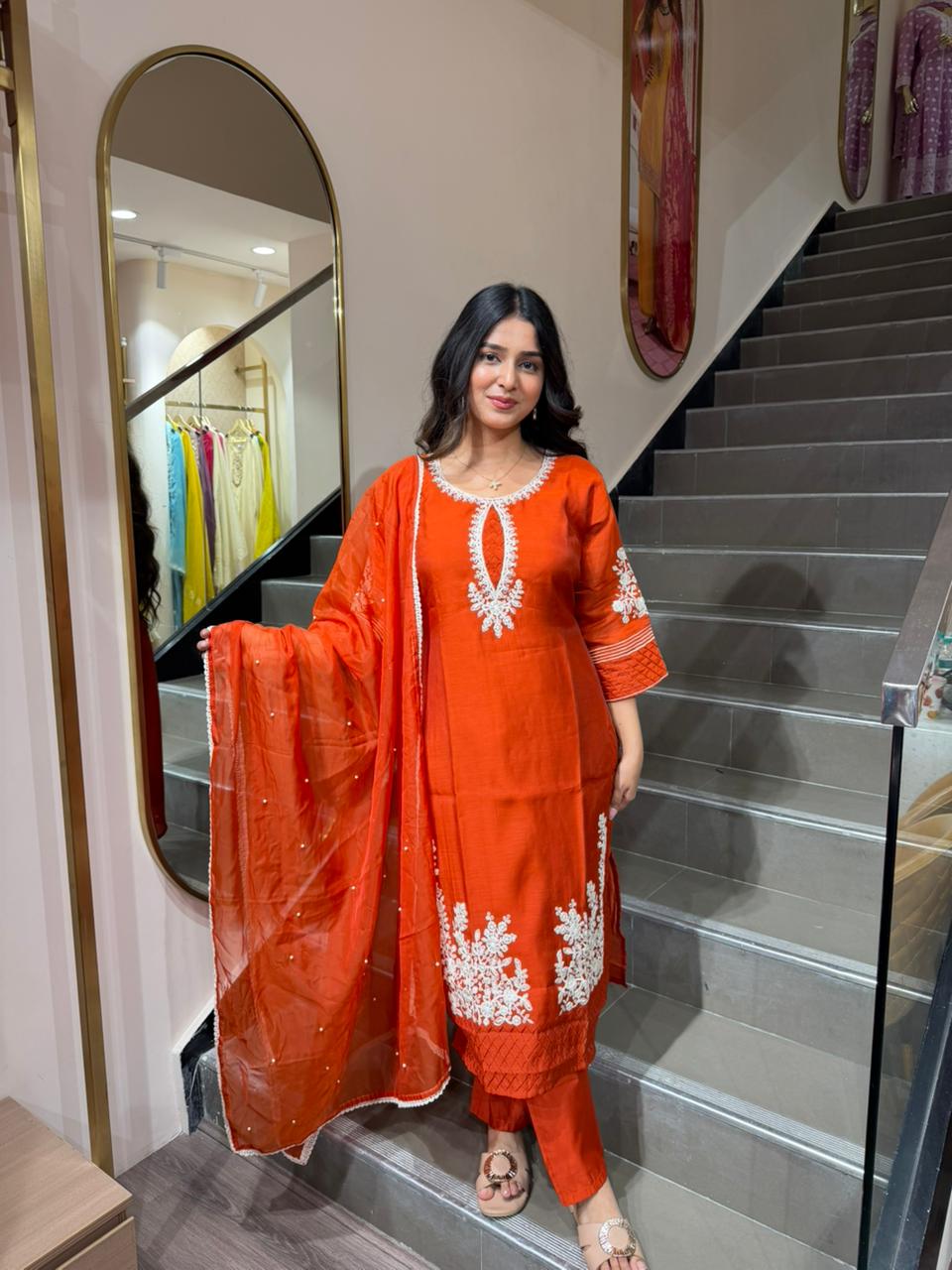 Orange Embroidered Kurta Set with Dupatta for Women | Festive Ethnic Wear