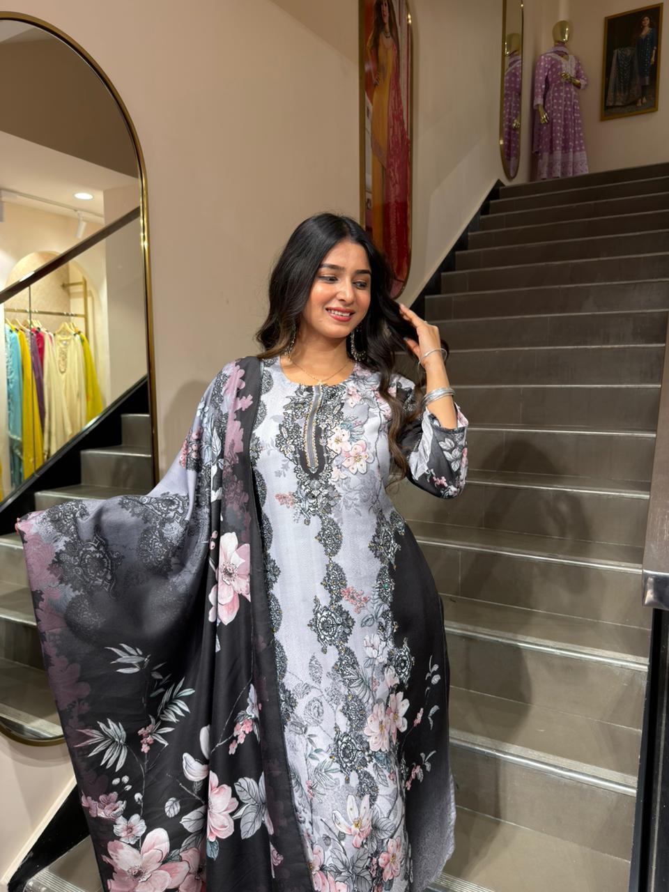 Grey Floral Printed Kurta Set with Black Dupatta for Women